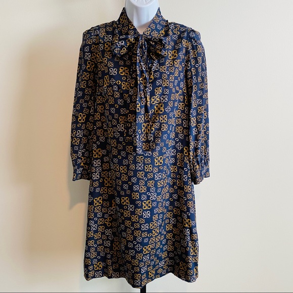 Vintage DKNY Navy Blue Silk Printed Neck Tie Dress with Pockets Size 6 - Picture 6 of 11